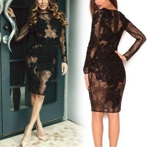 HOUSE OF CB NOLITA BLACK SHEER LACE APPLIQUE LONG SLEEVE DRESS